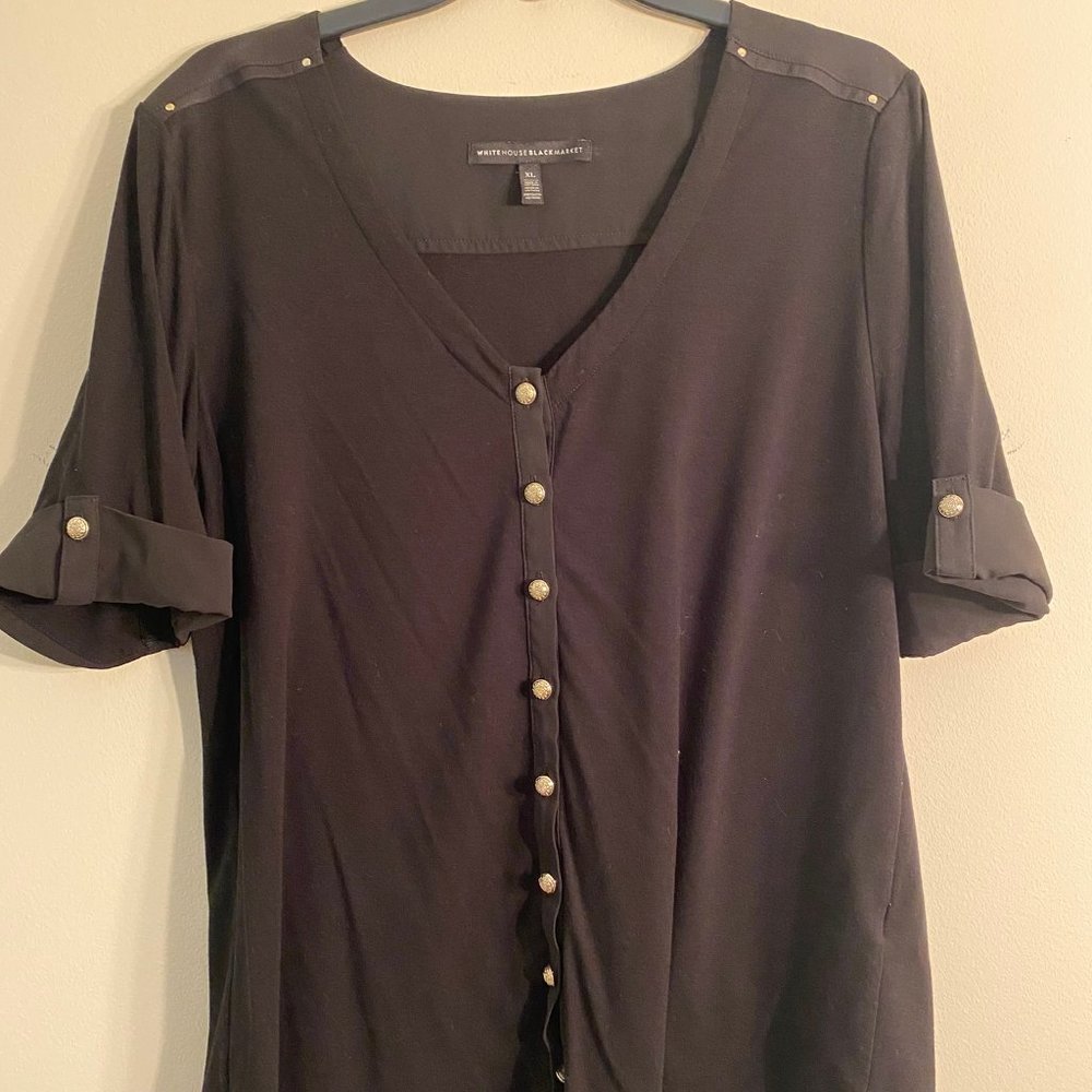 WHBM V Neck Black Blouse Silver Buttons Sz XL
